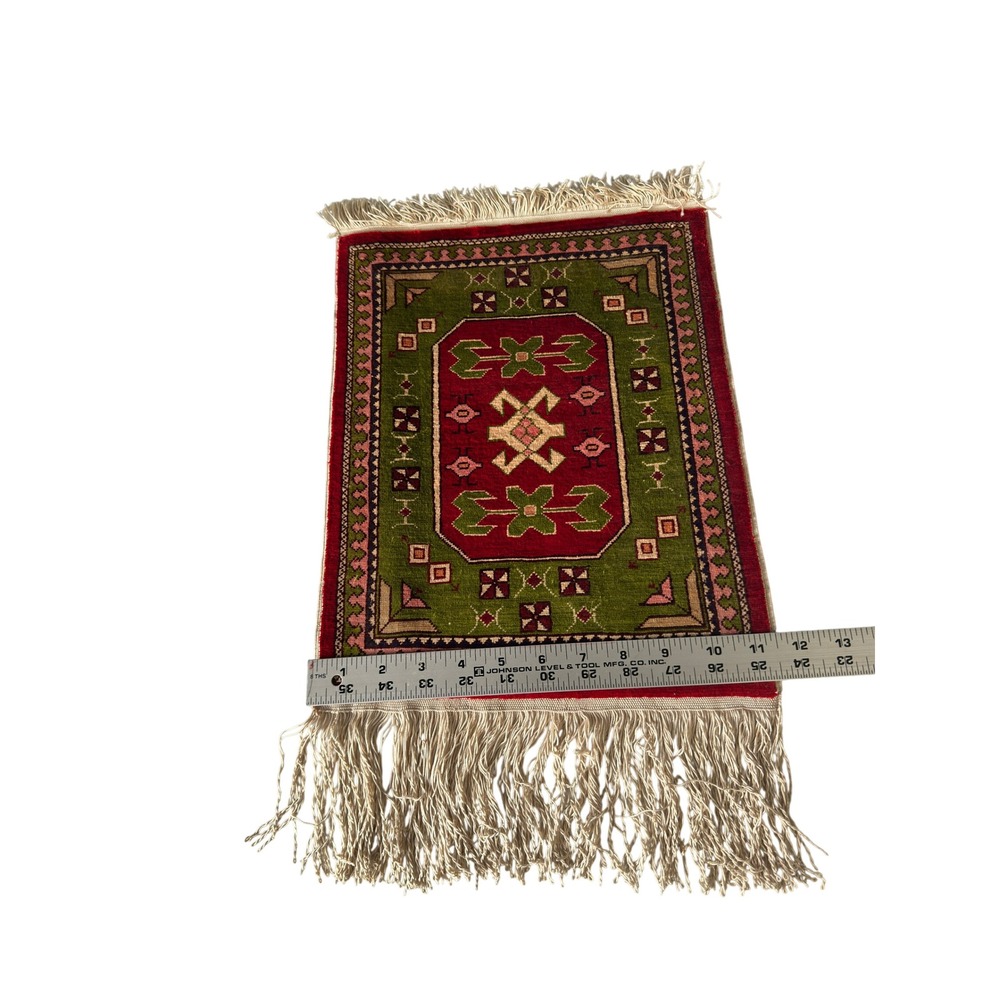 Vintage Miniature Mini Kilim Turkish Rug Decor Green Red 12x19 Silk Wool KC - Picture 7 of 10